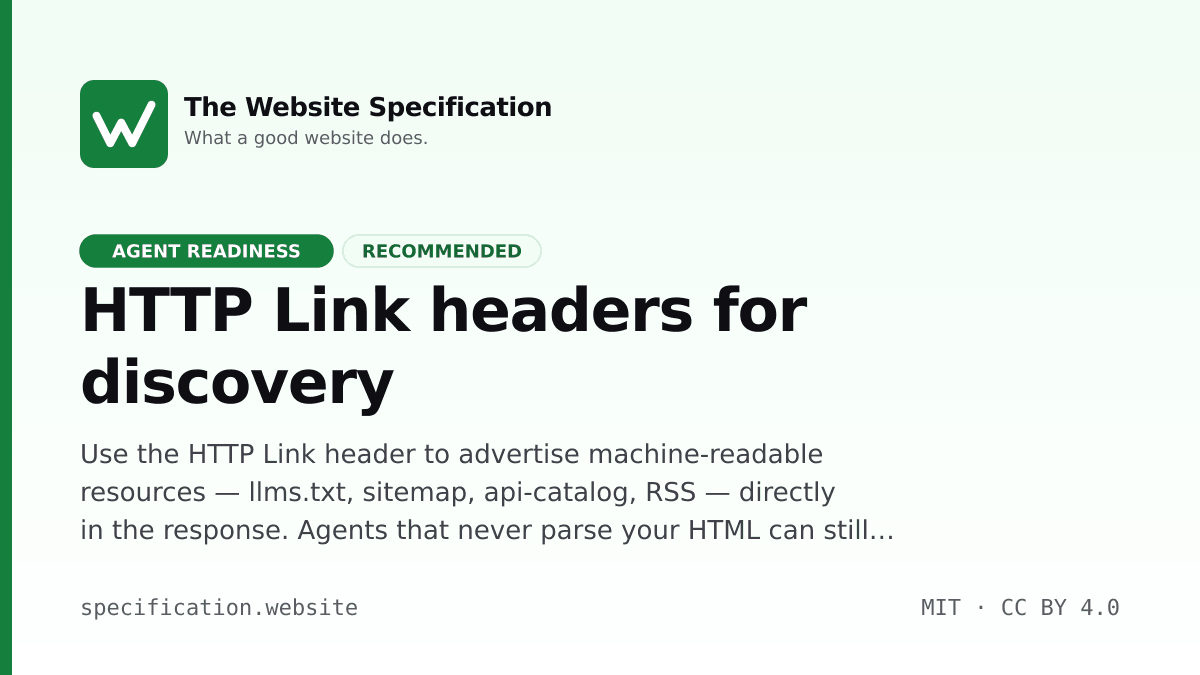 HTTP Link headers for discovery · Website Spec
